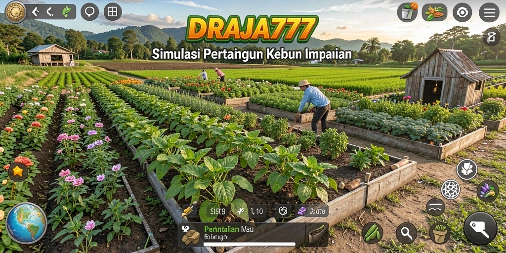 Tampilan gameplay <strong>DRAJA777</strong> yang menampilkan kebun yang luas dan subur.