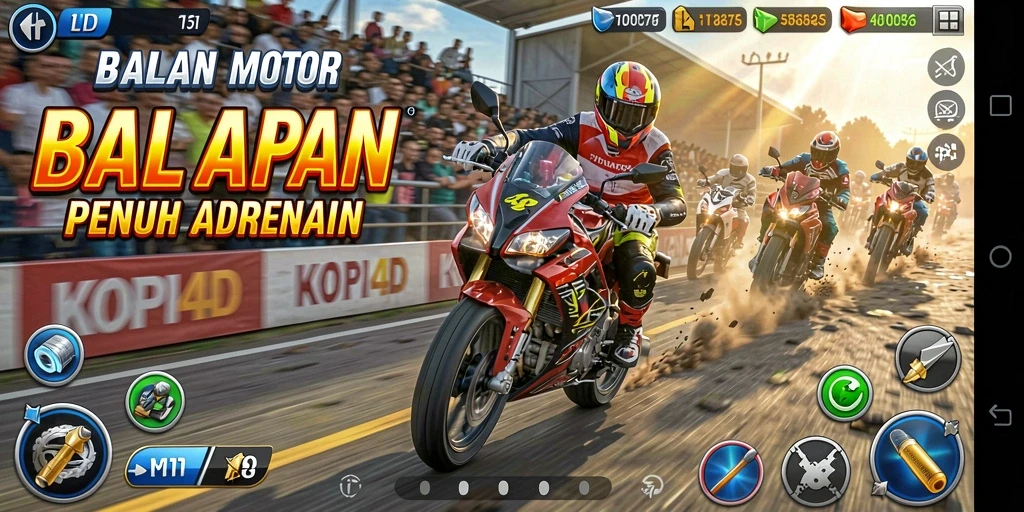 Tampilan gameplay KOPI4D yang mendebarkan di trek balapan motor.
