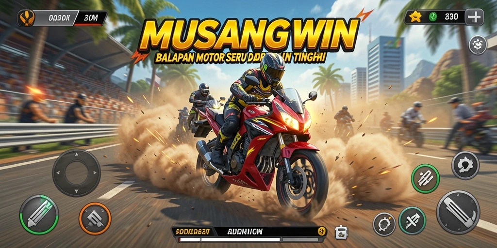 Screenshot gameplay MUSANGWIN menampilkan balapan motor yang mendebarkan.