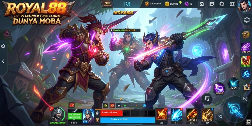 Tampilan pertarungan epik di ROYAL88 dalam dunia MOBA.