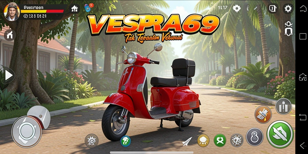 Tampilan gameplay VESPA69 dengan vespa yang berkeliling di petualangan.